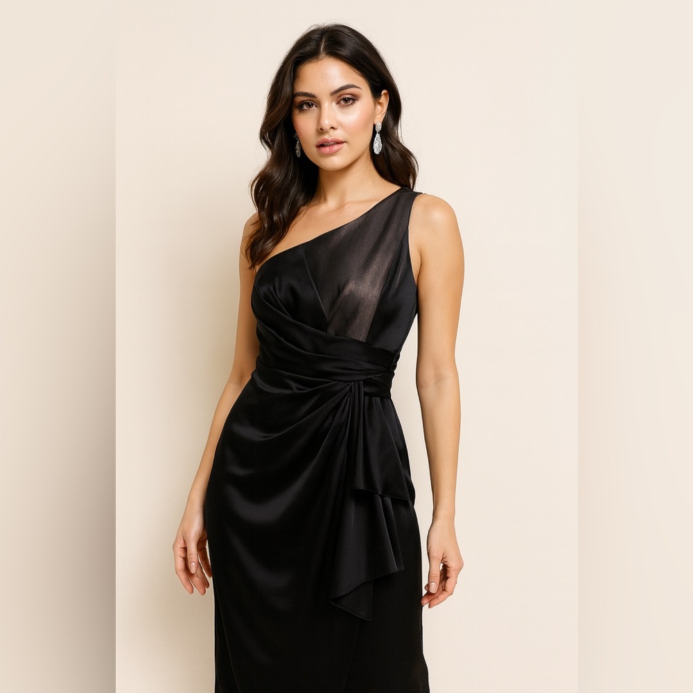 Maggy London‎ Silver/Black One Shoulder Dress Sz. 14 NWT